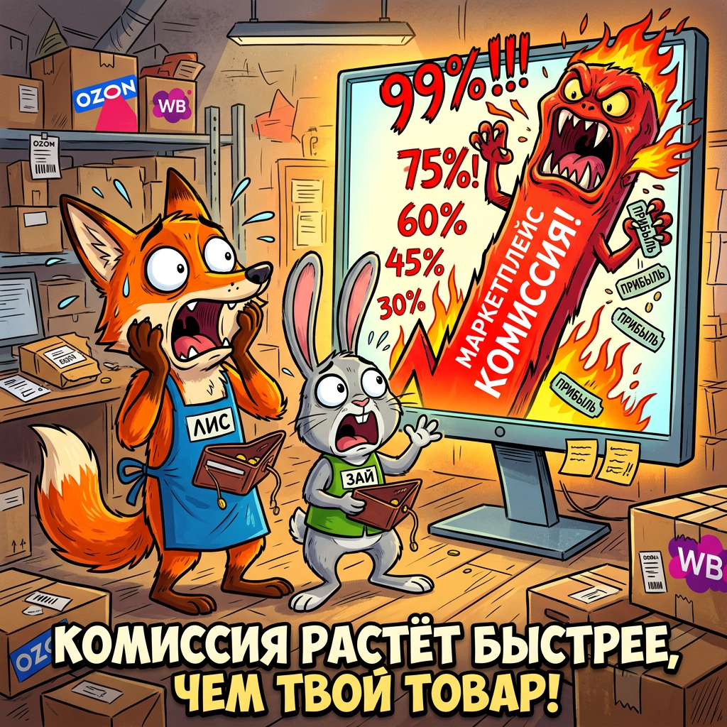 Лис и Кролик смотрят на экран маркетплейса: комиссия ползёт вверх как монстр, пожирающий их прибыль. Кошельки пустые. Знакомая боль каждого селлера.