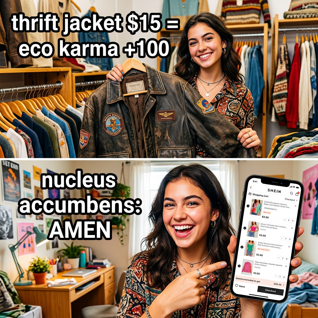 Купила куртку в секонде за $15 → чувствую себя Гретой Тунберг → баланс эко-кармы: +100. Заказала 12 вещей на Shein за $47 → моя внутренняя бухгалтерия: та куртка компенсирует → nucleus accumbens: АМЕН