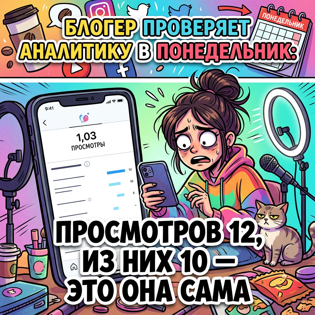 Блогер проверяет аналитику в понедельник: просмотров 12, из них 10 — это она сама
