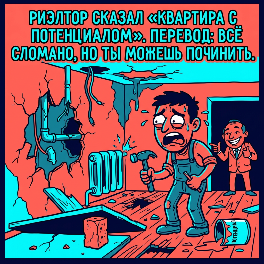 Риэлтор сказал «квартира с потенциалом». Перевод: всё сломано, но ты можешь починить.