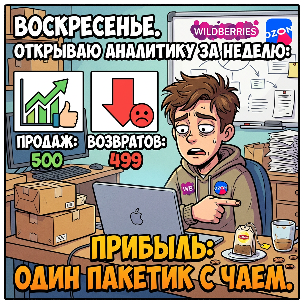 Воскресенье. Открываю аналитику за неделю: продаж 500, возвратов 499. Прибыль: один пакетик с чаем