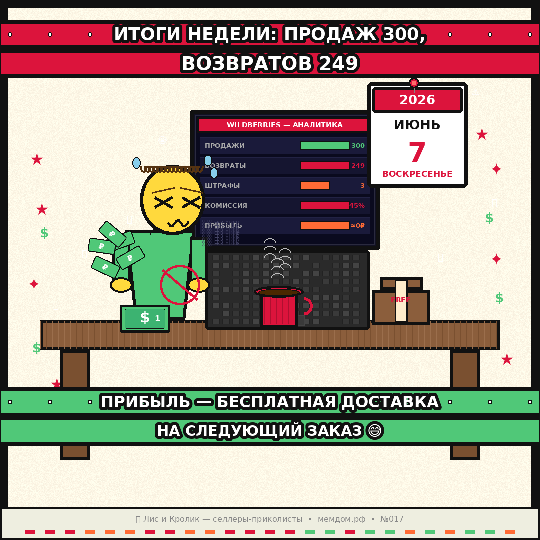 Воскресенье. Итоги недели: продаж 300, возвратов 249. Прибыль — бесплатная доставка на следующий заказ.
