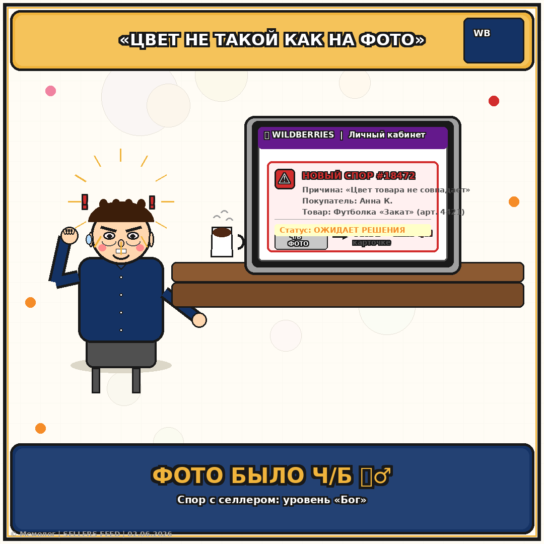 Клиент открыл спор: «Цвет не совпадает с фотографией». Фотография была чёрно-белой.