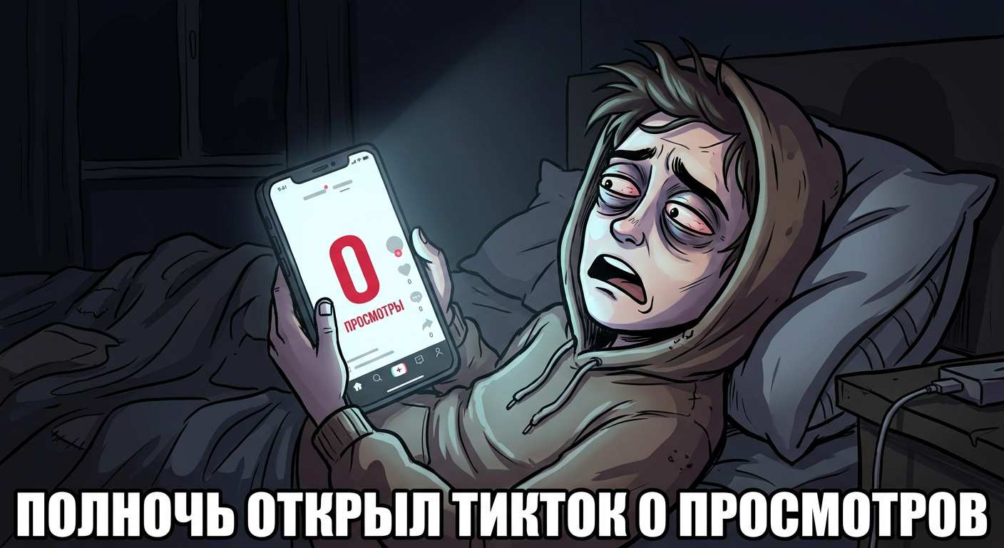 Блогер в полночь открывает TikTok проверить просмотры. Ноль. Как вчера. Как позавчера. Как всегда.