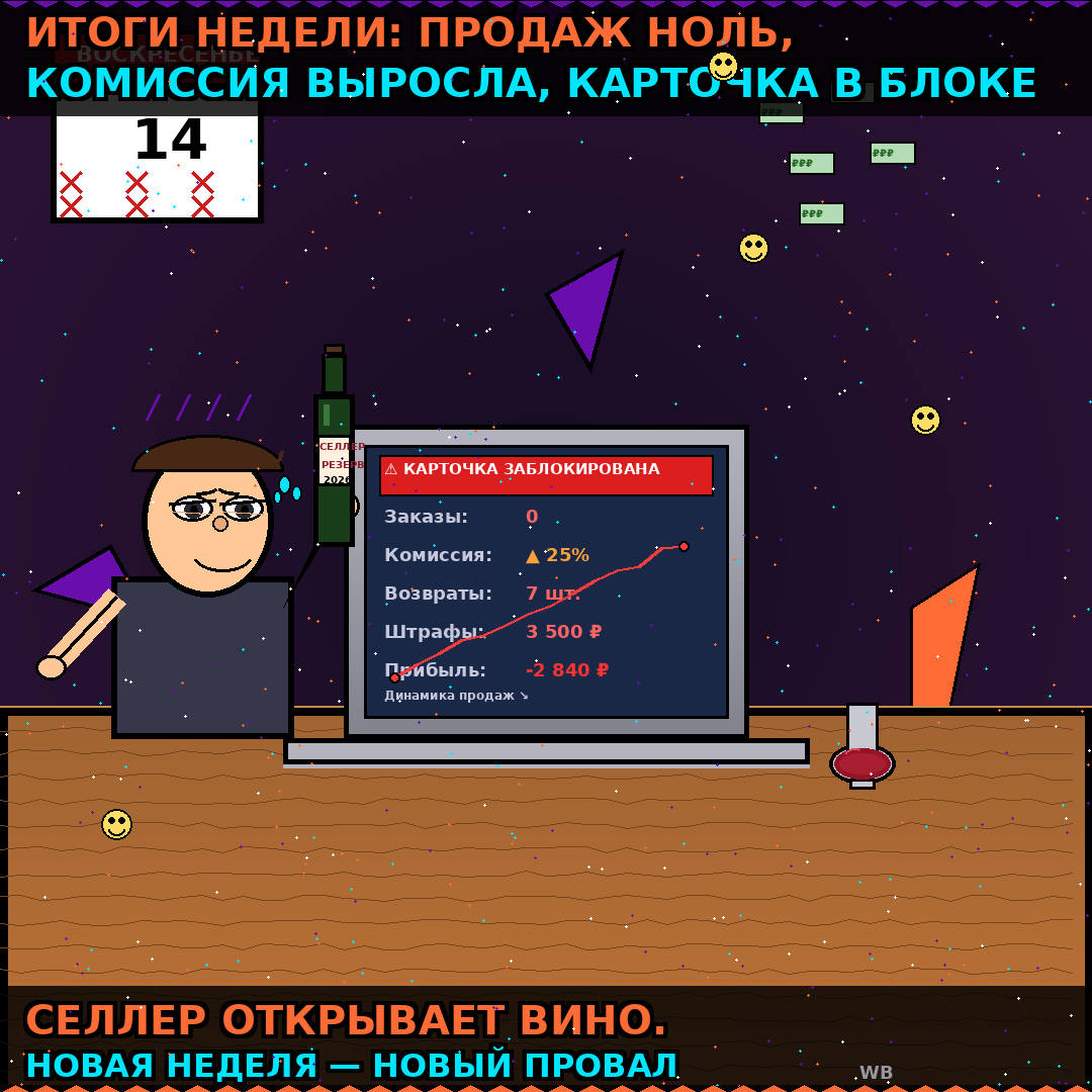 Воскресенье. Итоги недели: продаж ноль, комиссия выросла, карточка в блоке. Селлер открывает вино. Новая неделя — новый провал.