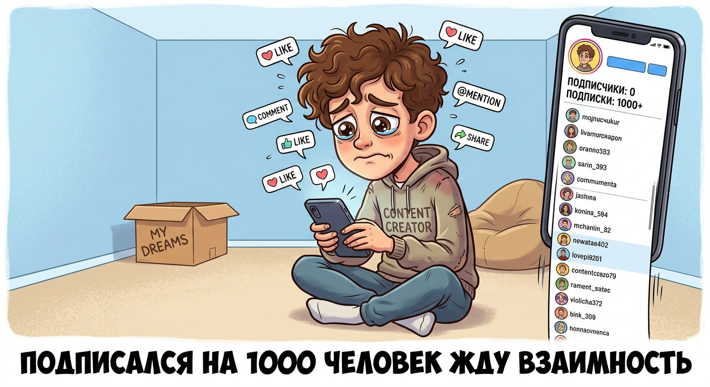 Классическая иллюзия новичка: подписался на 1000 блогеров, уверен что все подпишутся в ответ. Спойлер: никто не подпишется.