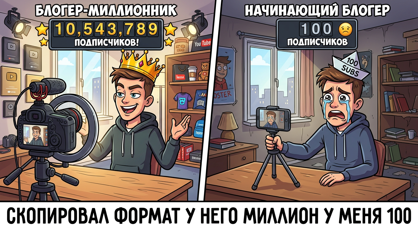 Один и тот же формат, одна и та же комната, один и тот же телефон. Разница — 1 000 000 подписчиков vs 100. Жизнь несправедлива.