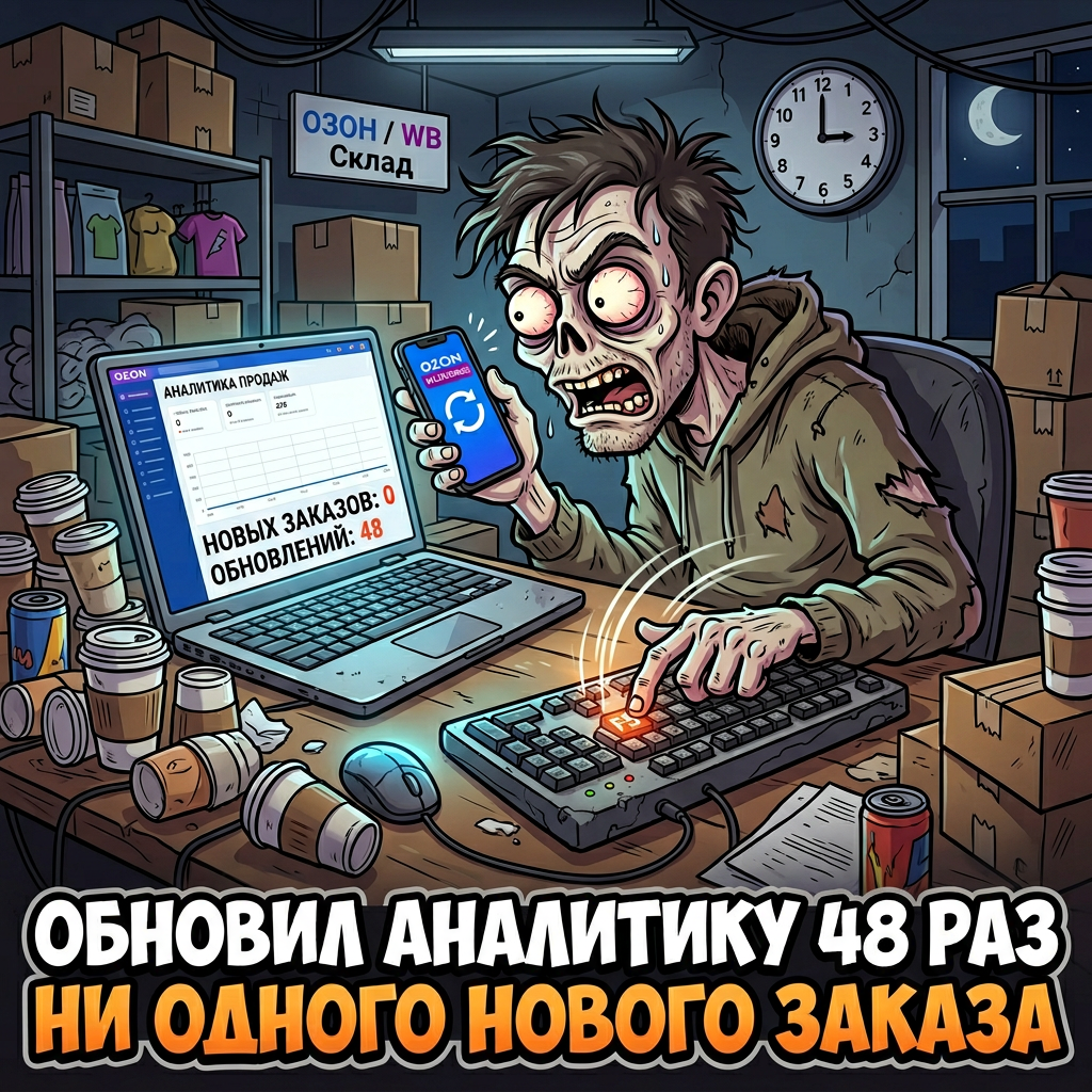 Зомби-селлер в 3 часа ночи: F5 на ноуте, свайп на телефоне, 47-й рефреш аналитики. Стаканы пустого кофе. Глазами уже не моргает. А заказов всё нет.