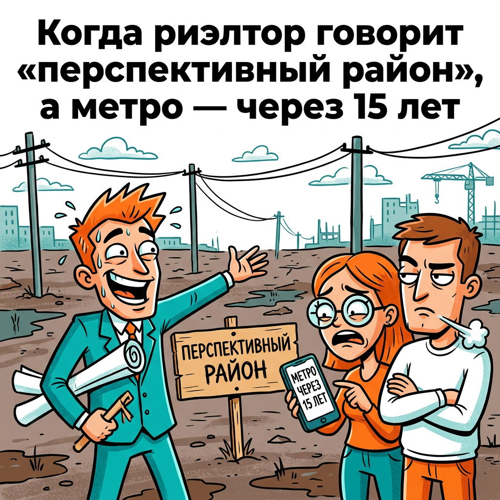 Риэлтор сказал «перспективный район». Перевод: метро обещают 15 лет, а пока маршрутка раз в час.