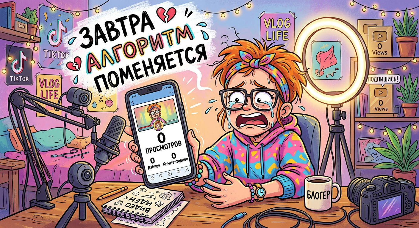 Блогер смотрит на 0 просмотров и утешает себя что завтра алгоритм будет другим. Каждый. День.
