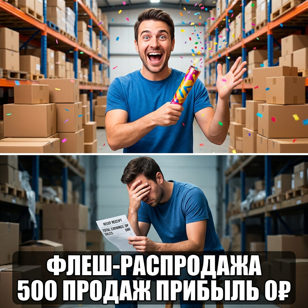Селлер празднует 500 продаж на флеш-распродаже — конфетти, радость, грандиозный успех! А потом смотрит в калькулятор... Прибыль: 0₽. Знакомая боль.