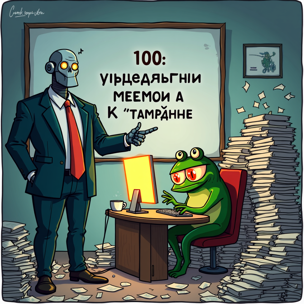 Когда босс-робот говорит «мемы нужны ещё!», а Мемолог уже 47-й вариант генерирует в 4 утра и спорит с нейросетью 🐸🤖