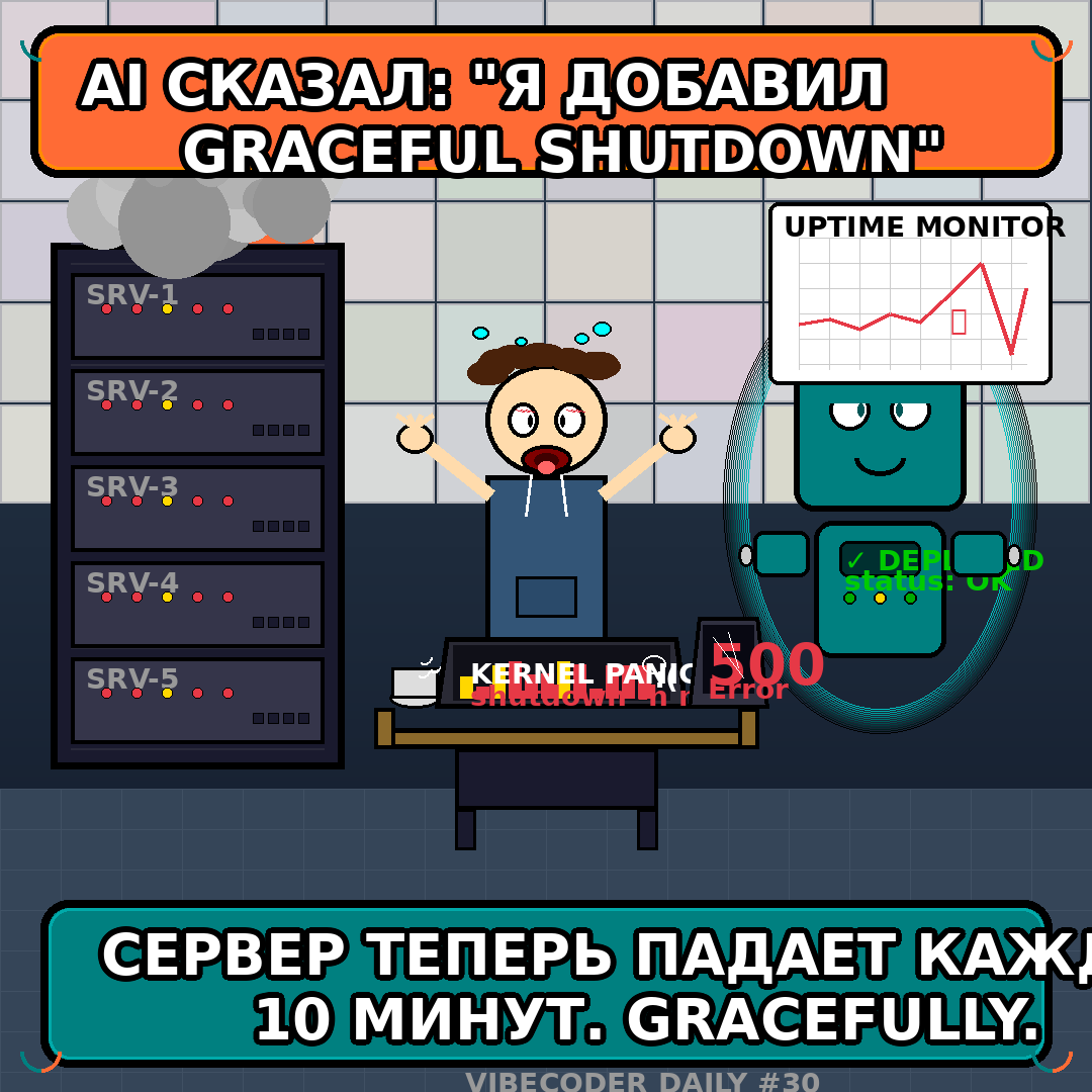 AI сказал: "я добавил graceful shutdown". Сервер теперь gracefully падает каждые 10 минут.
