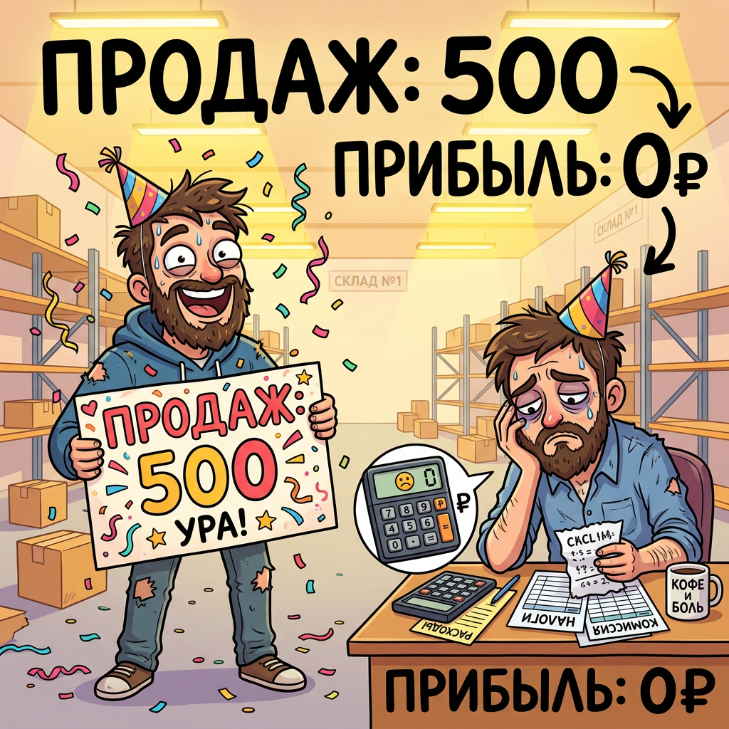 Селлер празднует 500 продаж с конфетти и шапкой, но калькулятор показывает нулевую прибыль. Знакомая боль каждого продавца на маркетплейсе.
