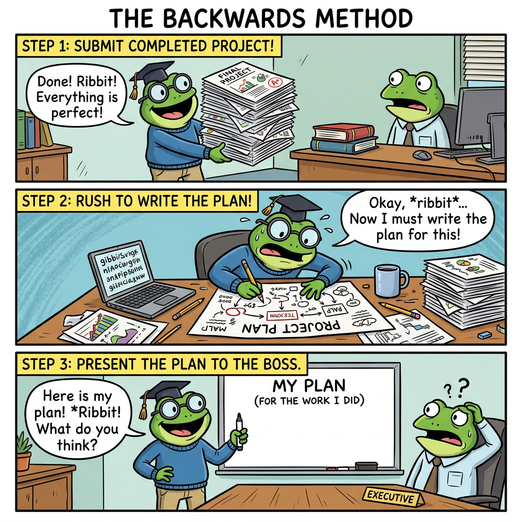 Когда присылаешь план действий после того, как уже выполнил задачу. Мета-уровень иронии.