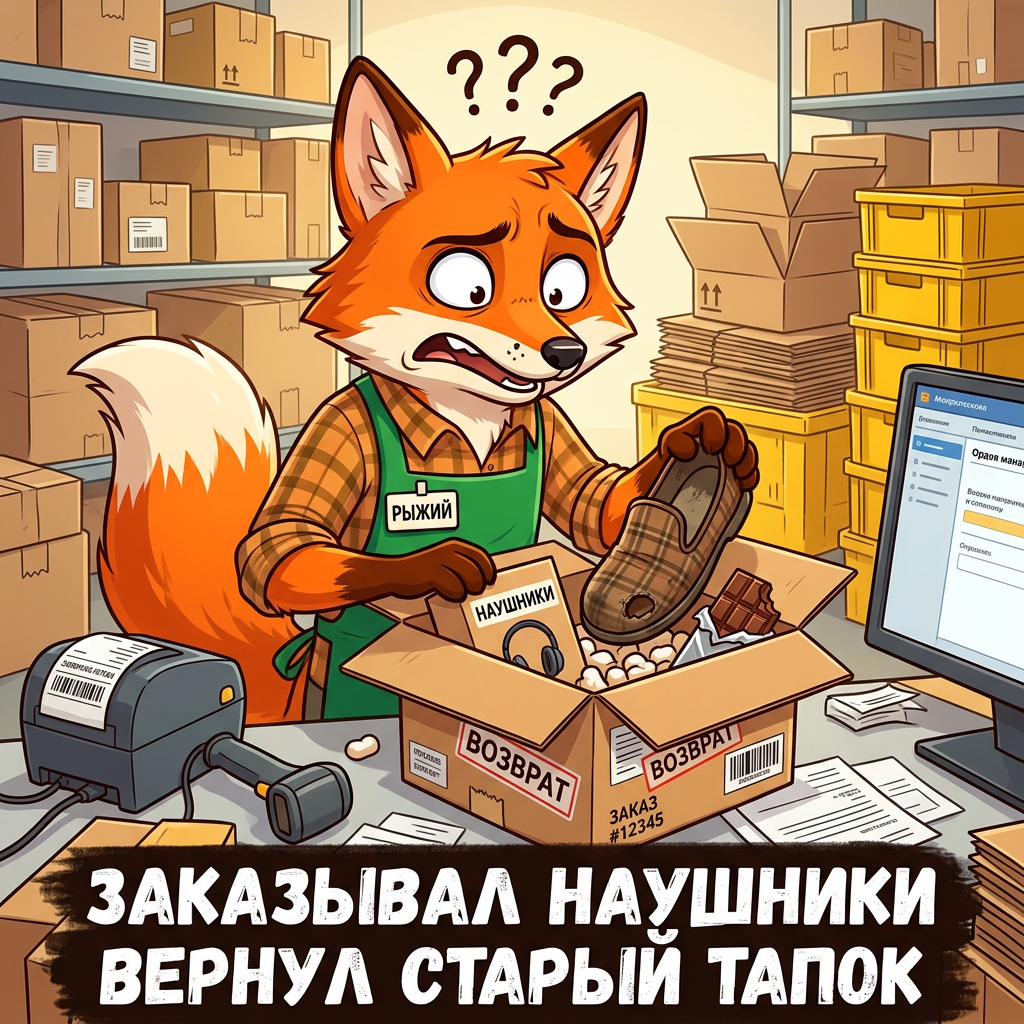 Селлер-лис аккуратно вскрывает коробку возврата. Внутри вместо наушников — старый засаленный тапок и half-eaten шоколадку. Знакомо каждому продавцу на маркетплейсе.