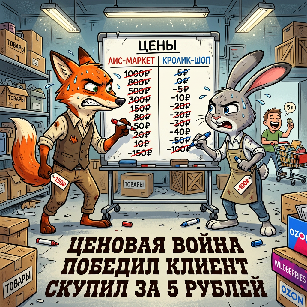 Два селлера — лис и кролик — устраивают ценовой дуэль. Перекрёстывают цены до минуса. А клиент забирает товар за 5 рублей. Кто реально проиграл?