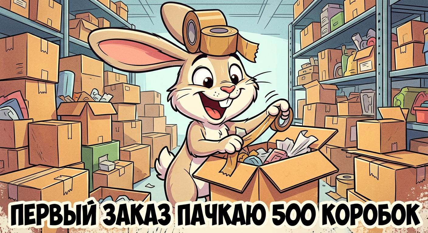 Кролик-новичок на селлерском пути. Первый заказ пришёл — радости нет предела. Пачкает коробки с улыбкой до ушей.